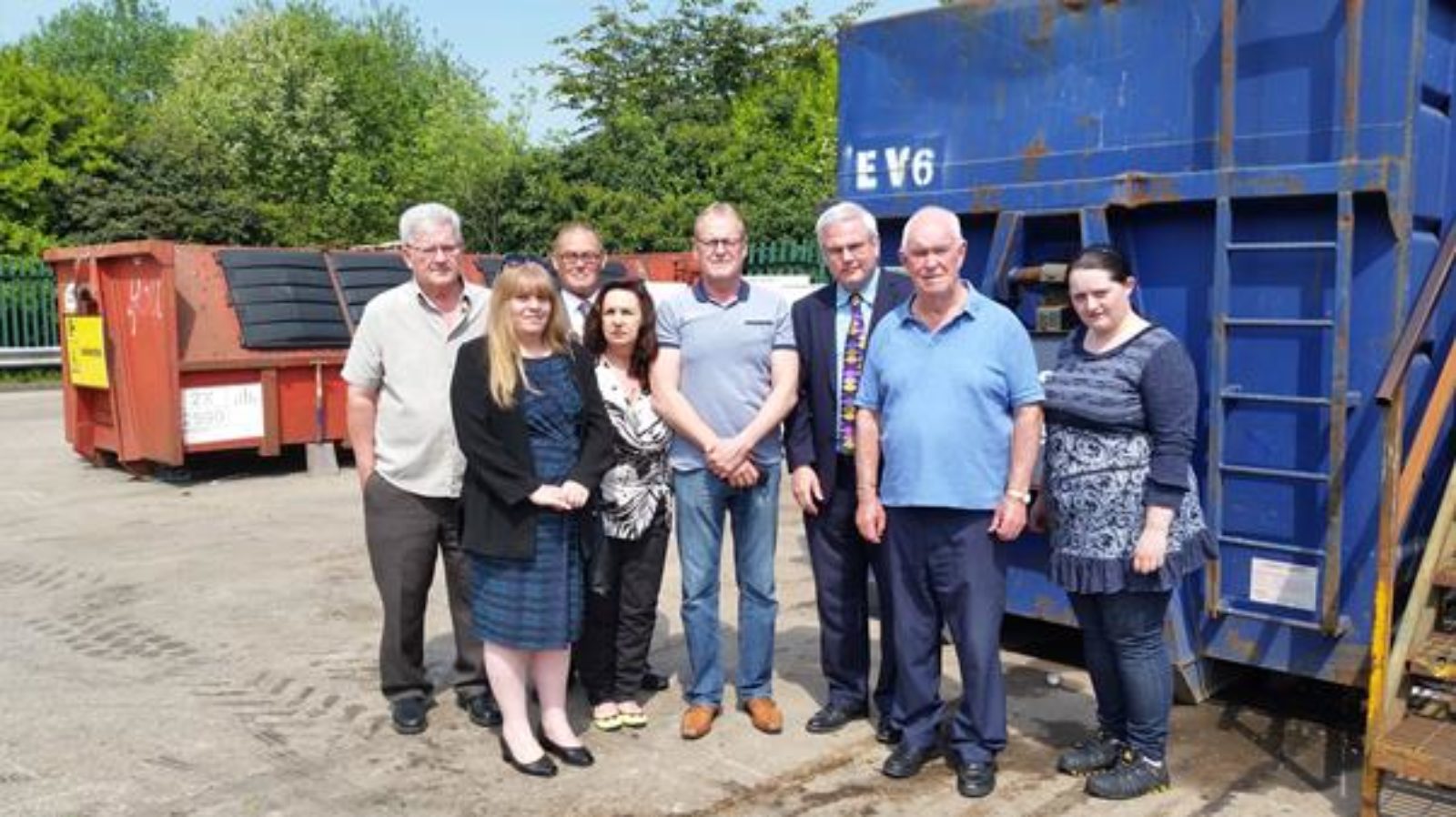 Labour Party Members at Buckley Recycling Centre - From left to right Mr Ken Preece, , Cllr Carolyn Preece, Cllr Iain Thomas, Mrs Vivienne Blondek, Buckley Town Mayor Andy Williams, Mark Tami MP, County Councillor Ron Hampson. Cllr Emma Preece